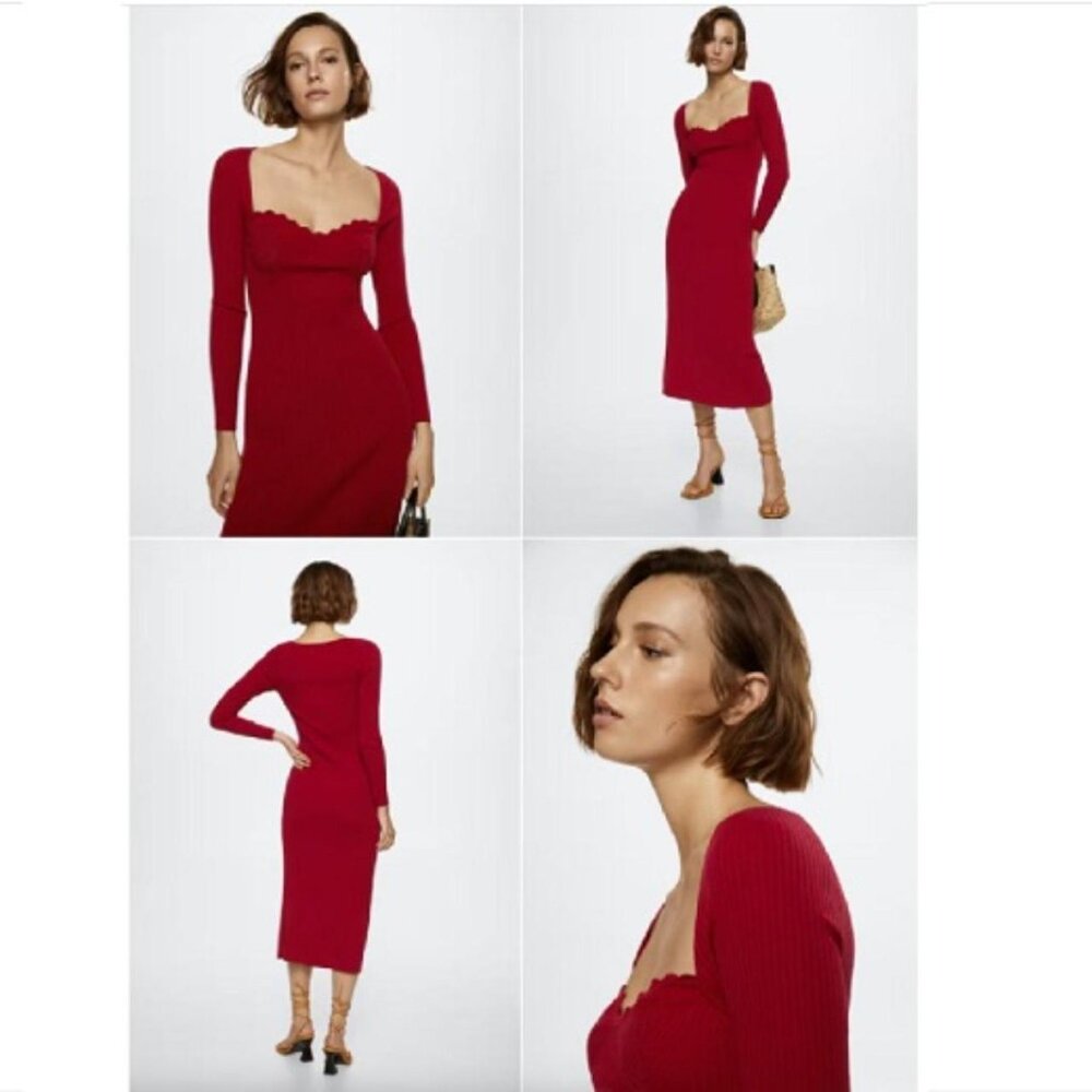 MANGO Knit Dress Midi Sweetheart Neckline Scalloped Bra Effect in Coral Red sz S